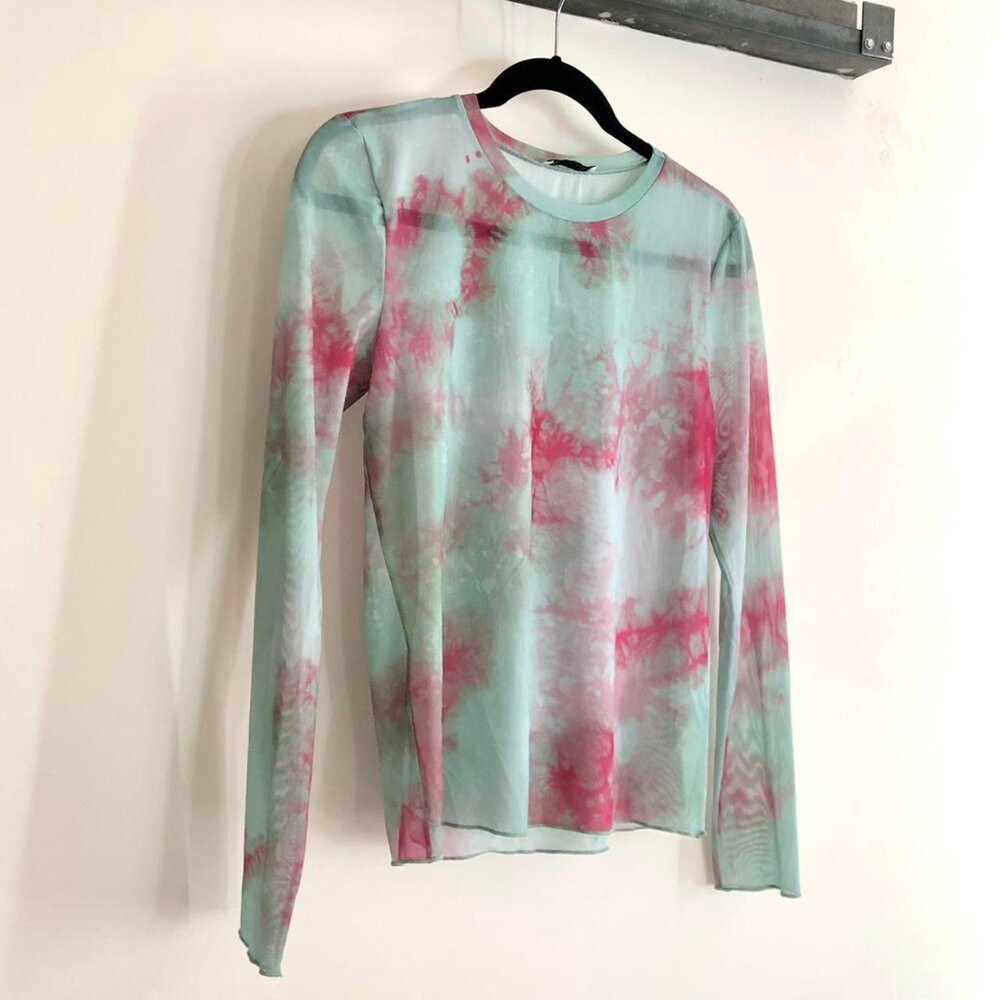 ZARA Women’s Green Pink Tie Dye Mesh Long Sleeve Top